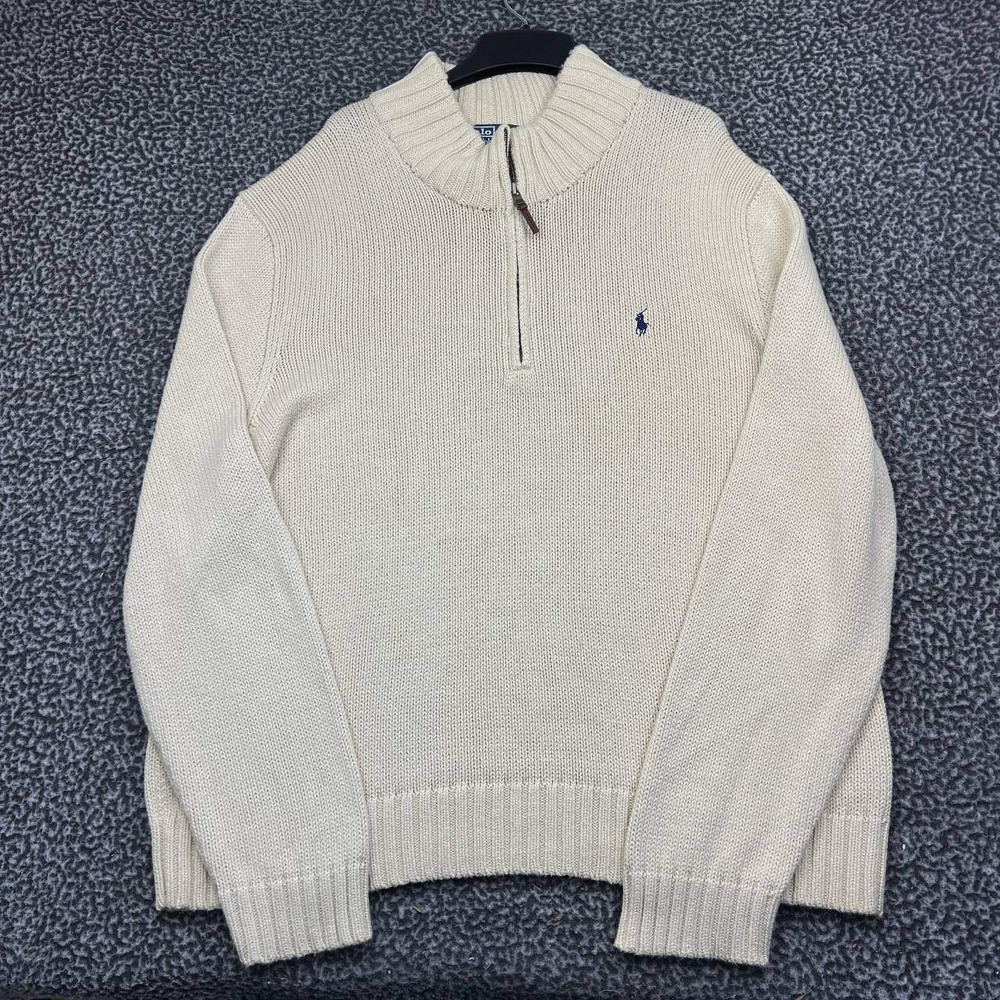 Vintage Polo Ralph Lauren Sweater Men XXL Beige Cotton Quarter Zip Pullover 2XL